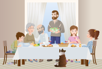 Familie am Tisch gedeckt mit Essen
